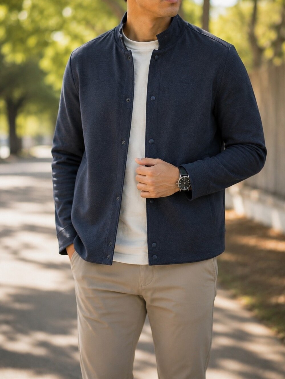 Lululemon Men's Chamber Navy Cotton Fleece Snap Bomber Jacket